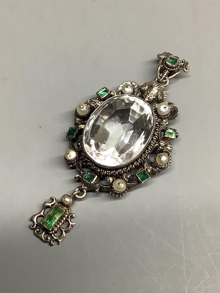 A 19th century Austro-Hungarian white metal, rock crystal, emerald and seed pearl set drop pendant